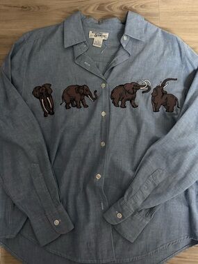 Blue Chambray Long-Sleeve Button Down with Elephant Embroidery
